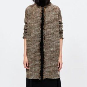 New Zara textured knit tweed fringe trim open front longline cardigan jacket